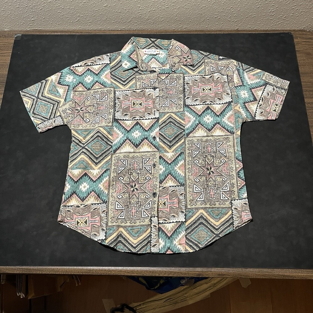 Vintage Paisley Shirt 1970s Floral Desert Aztec Blouse ACT III S-14 Union Label